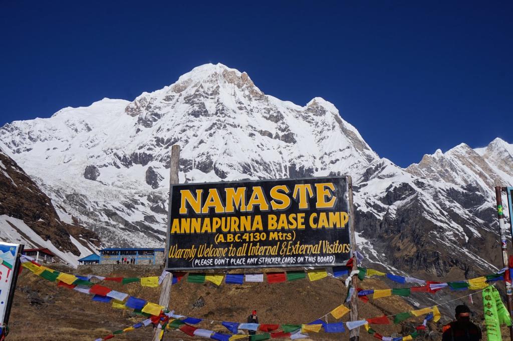 Annapurna Base Camp surrounded by snowy peaks